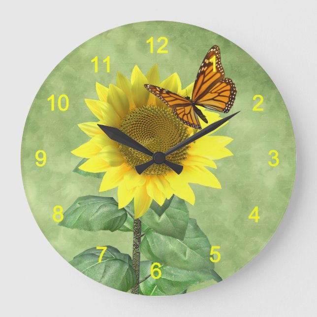 Sonnenblume und Schmetterling Große Wanduhr (Vorderseite)