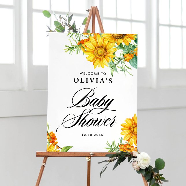 Sonnenblume und Sea Buckthorn Babydusche Willkomme Poster (Elegant baby shower welcome sign with watercolor sunflowers and sea buckthorn for fall baby showers.)