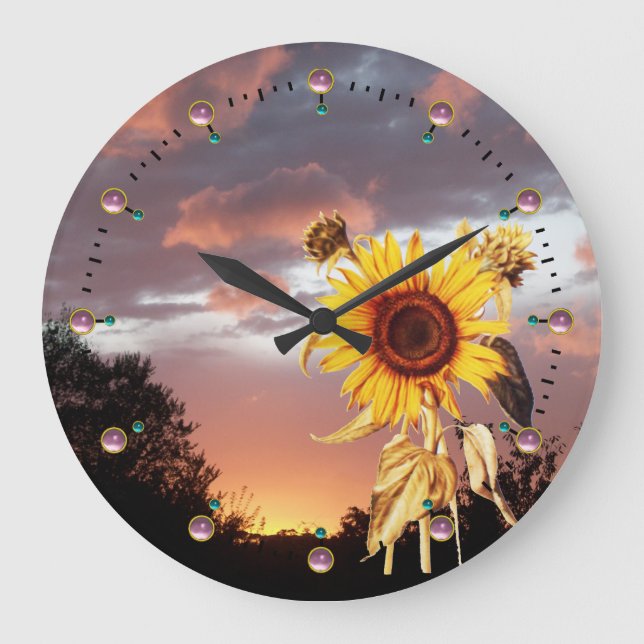 SONNENBLUME UND SOMMER-SONNENUNTERGANG MIT ROSA GROßE WANDUHR (Vorderseite)
