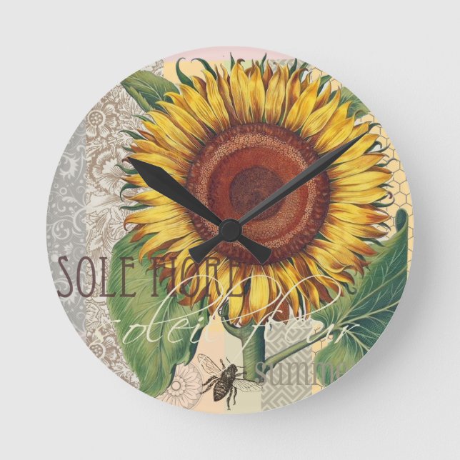 Sonnenblume Vintag Damask Wallpaper Collage Runde Wanduhr (Vorderseite)