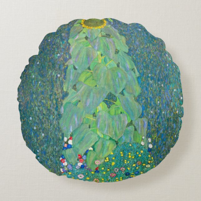 Sonnenblume von Klimt, Vintage Blume Jugendstil Rundes Kissen (Vorderseite)