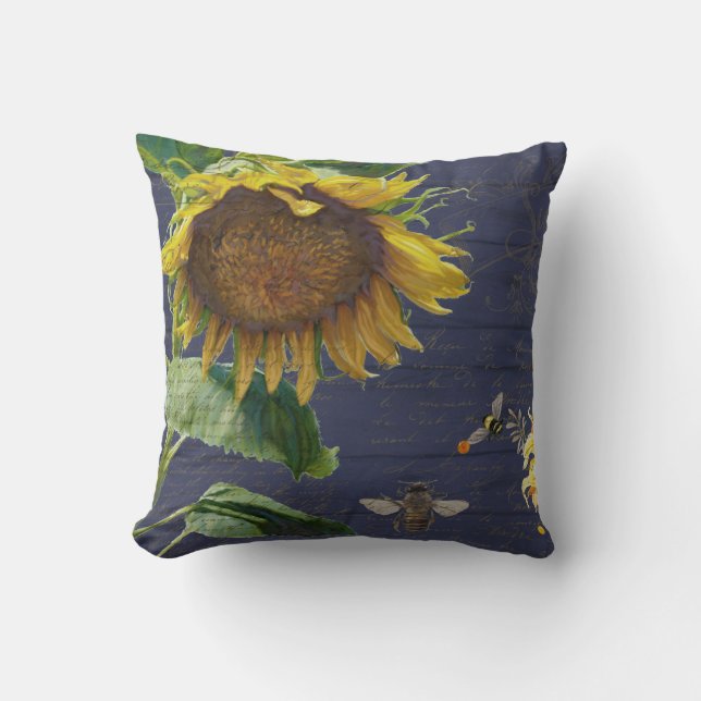 Sonnenblume w Bienen Blumenschrift Rustikales Navy Kissen (Vorderseite)