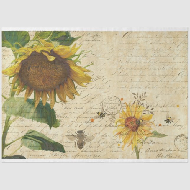 Sonnenblume w Bienen Skript Ephemera Vintage Decou Seidenpapier (Vorderseite)