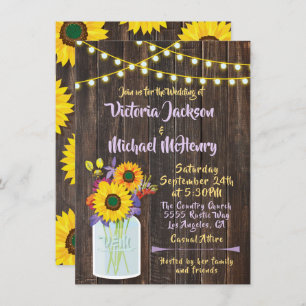Sonnenblume-Weckglas-rustikale hölzerne Einladung