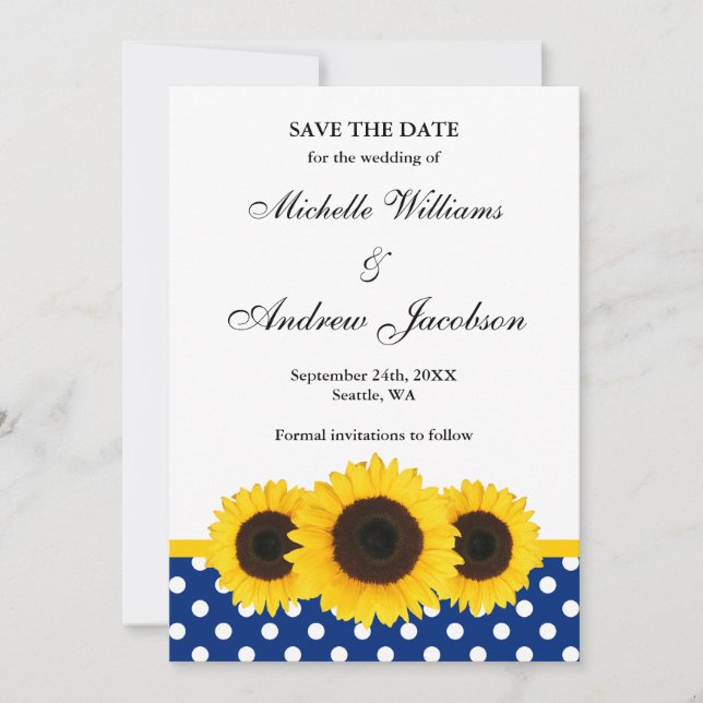 Sonnenblume Weiß und Blau Polka Dot Save the Date (Vorderseite)