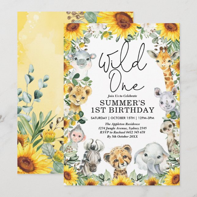 Sonnenblume Wild One Jungle Safari Tiere Geburtsta Einladung (Vorne/Hinten)
