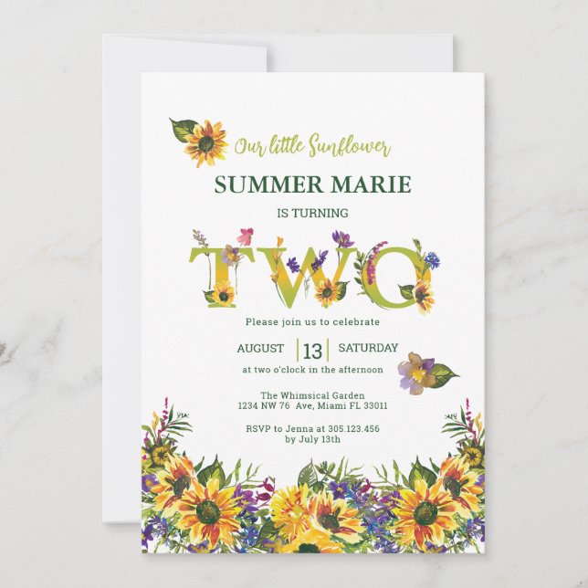 Sonnenblume Zweiter Geburtstag Einladung (Vorderseite)