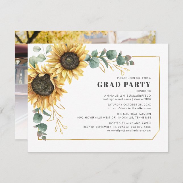 Sonnenblumen 2024 Graduation Party Blumengrau Foto Einladung (Vorne/Hinten)