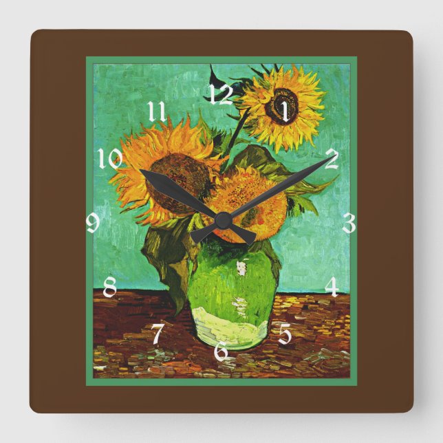 Sonnenblumen, 3 von Vincent van Gogh, Quadratische Wanduhr (Vorderseite)