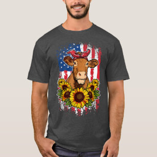Sonnenblumen Amerikanische Flagge Kuh Bauer Landwi T-Shirt