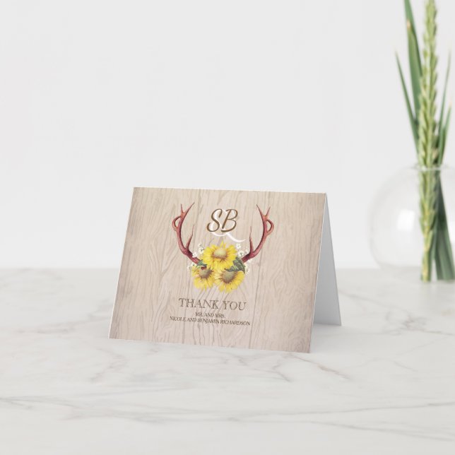 Sonnenblumen Antlers Rustic Wood Wedding Vielen Da Dankeskarte (Vorderseite)