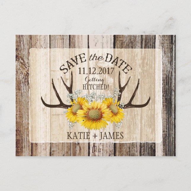 Sonnenblumen Antlers Wood Rustic Save the Date Ankündigungspostkarte (Vorderseite)