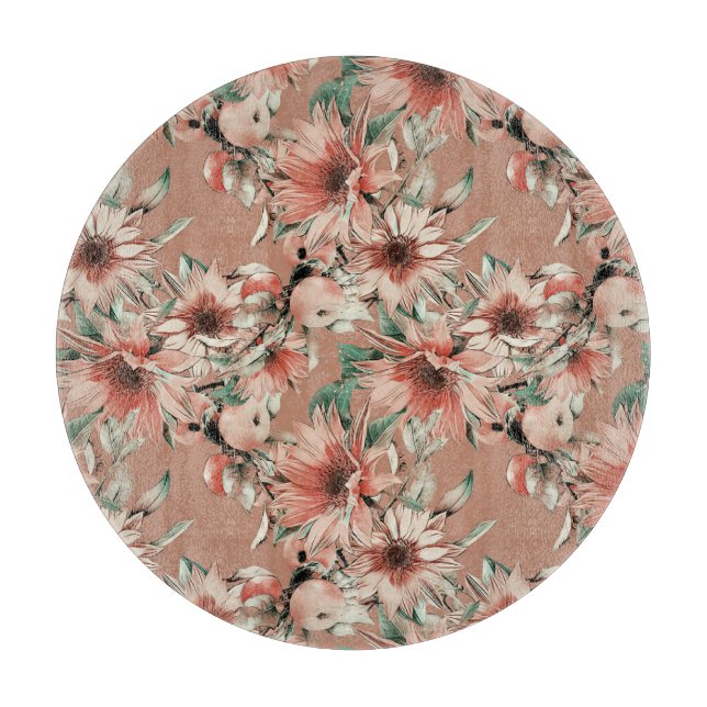 Sonnenblumen, Äpfel: Wasserfarbenmuster im Herbst Schneidebrett (Vorderseite)