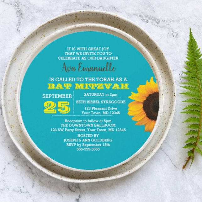 Sonnenblumen Aqua Rund Bat Mitzvah Einladung (Von Creator hochgeladen)