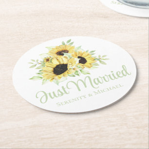 Sonnenblumen Aquarell Floral Frisch Vermählt Hochz Runder Pappuntersetzer