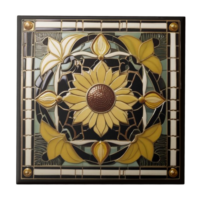 Sonnenblumen Art Deco Jugendstil Gelb und Schwarz Fliese (Vorderseite)