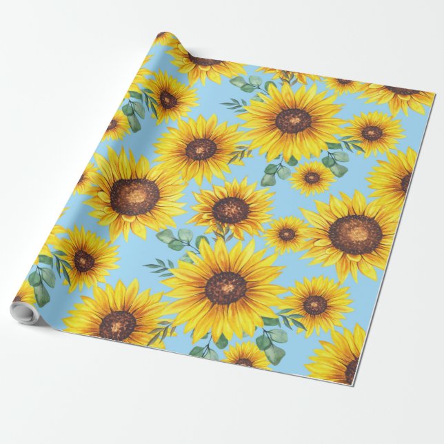Sonnenblumen auf einem blauen Himmelshintergrund Geschenkpapier (Ungerollt)