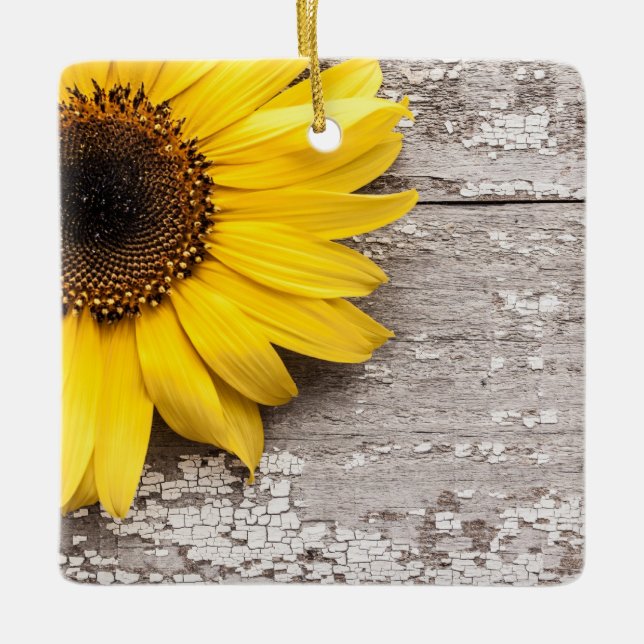 Sonnenblumen auf einem Holztisch Keramikornament (Vorderseite)