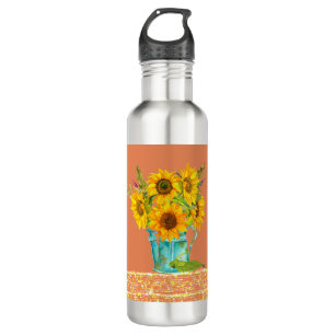Sonnenblumen auf einer orangen Wasserflasche im Hi Edelstahlflasche