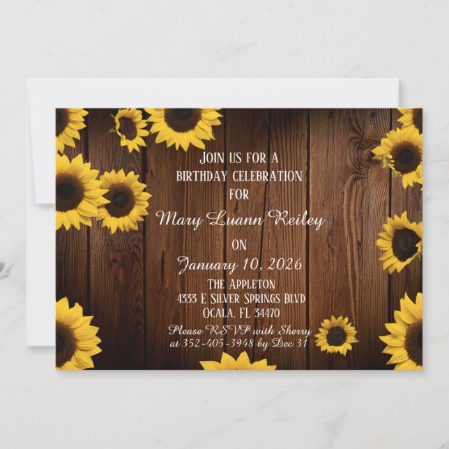 Sonnenblumen auf Holz Rustikale Elegance Geburtsta Einladung (Vorderseite)