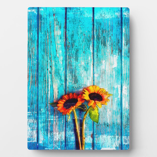 Sonnenblumen auf Holzbalkon Fotoplatte (Vorderseite)
