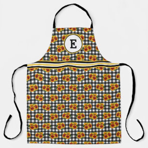 Sonnenblumen auf schwarzem Gingham-Initial Schürze