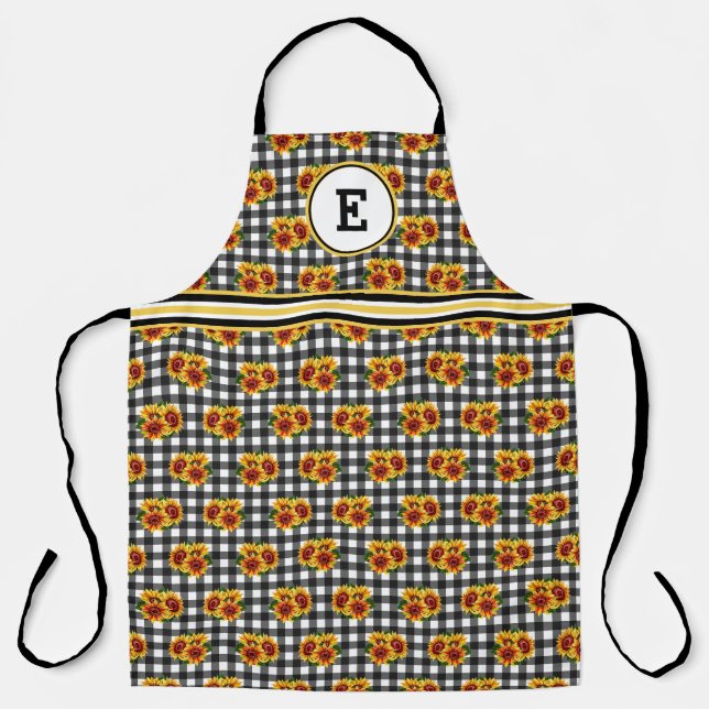 Sonnenblumen auf schwarzem Gingham-Initial Schürze (Vorderseite)