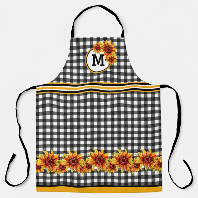Sonnenblumen auf schwarzem Gingham-Monogramm Schürze (Vorderseite)