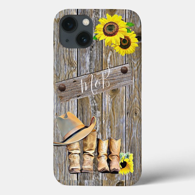 Sonnenblumen aus rustikalem Holz, Cowboystiefel un Case-Mate iPhone Hülle (Rückseite)