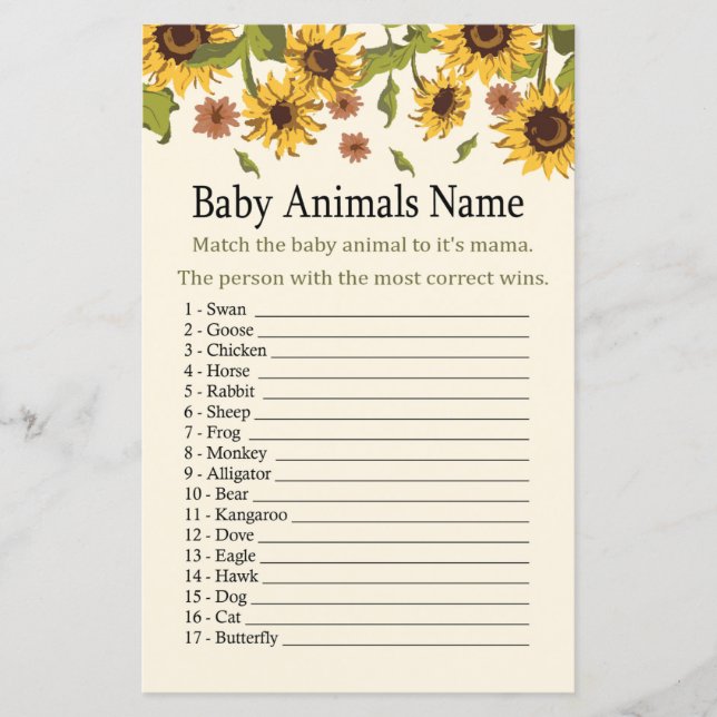 Sonnenblumen Baby Animes Name Game (Vorderseite)