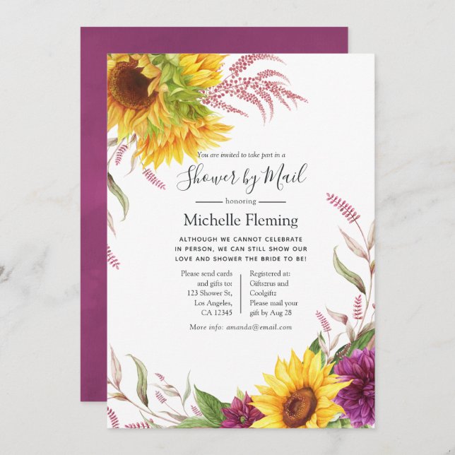 Sonnenblumen Baby oder Brautparty per Post Einladung (Vorne/Hinten)