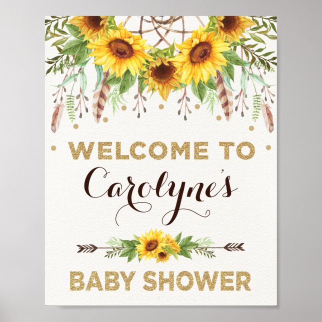 Sonnenblumen Babydusche Rustic Boho Empfang Poster (Vorne)