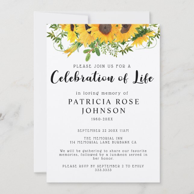 Sonnenblumen Beerdigung Feier des Lebens Ankündigu Einladung (Vorderseite)