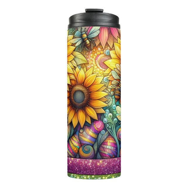 Sonnenblumen-Bienen blühen, Boho-Garten Thermosbecher (Vorderseite)