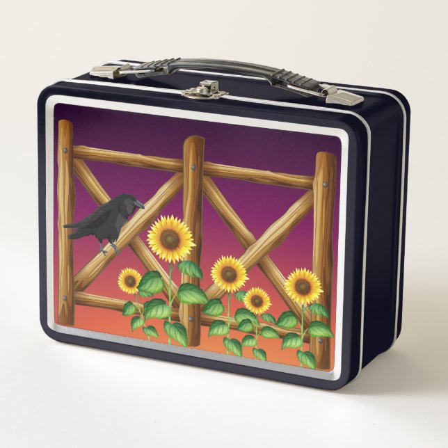 Sonnenblumen Birds Fence Crows Ravens Lunch Box (Vorderseite)