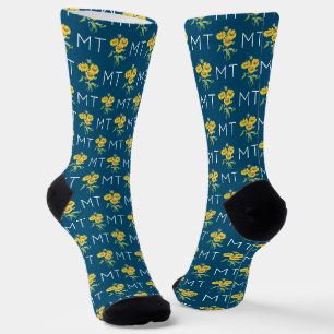 Sonnenblumen & Blätter Monogramm Blaues Muster Socken