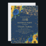 Sonnenblumen Blau Rose Gold Glitzer 50. Geburtstag Einladung<br><div class="desc">Elegante und stilvolle gelbe Sonnenblumen und blaue Rose mit vergoldetem Glitzer und glitzerndem Saitenlicht 50. Geburtstagsfeier für Damen.</div>