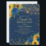 Sonnenblumen Blaue Rose Gold Glitzer Süß 16 Einladung<br><div class="desc">Elegante und stilvolle gelbe Sonnenblumen und blaue Rose mit vergoldetem Glitzer und glitzerndem Streichellicht Sweet 16 Geburtstagsfeier für Teenager.</div>