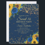 Sonnenblumen Blaue Rose Gold Glitzer Süß 16 Einladung<br><div class="desc">Elegante und stilvolle gelbe Sonnenblumen und blaue Rose mit vergoldetem Glitzer und glitzerndem Streichellicht Sweet 16 Geburtstagsfeier für Teenager.</div>