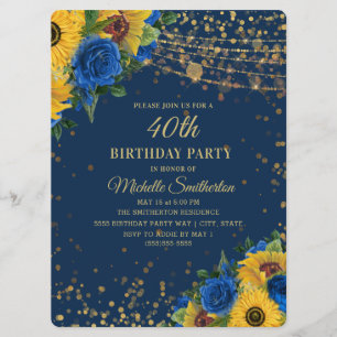 Sonnenblumen Blaue Rosen Gold Glitter 40. Geburtst Einladung