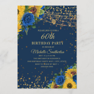 Sonnenblumen Blaue Rosen Gold Glitter 60. Geburtst Einladung