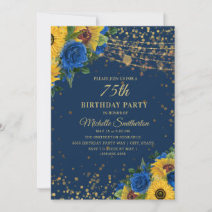 Sonnenblumen Blaue Rosen Gold Glitter 75. Geburtst Einladung