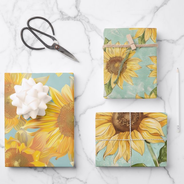 Sonnenblumen blauer Hintergrund Geschenkpapier Set (Vorderseite)