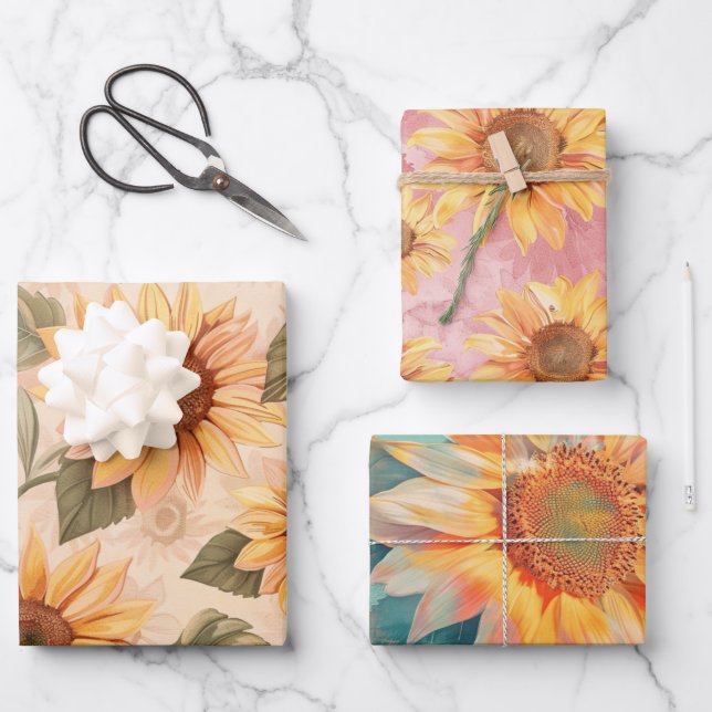 Sonnenblumen blauer Hintergrund Geschenkpapier Set (Vorderseite)