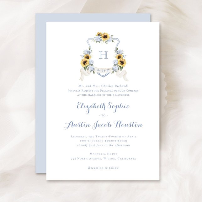 Sonnenblumen Blue Hydrangea Wappen Monogram Weddin Einladung (Von Creator hochgeladen)
