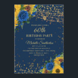 Sonnenblumen Blue Rose Gold Glitzer 60. Geburtstag Einladung<br><div class="desc">Elegante und stilvolle gelbe Sonnenblumen und blaue Rose mit vergoldetem Glitzer und glitzernder Saitenleuchte 60. Geburtstagsfeier für Damen.</div>