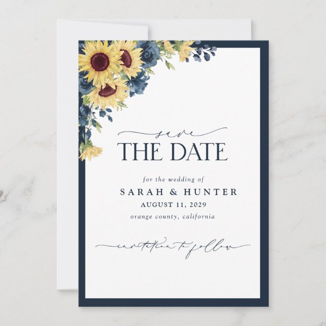 Sonnenblumen Blue Script Foto Hochzeit speichern d Save The Date (Vorderseite)