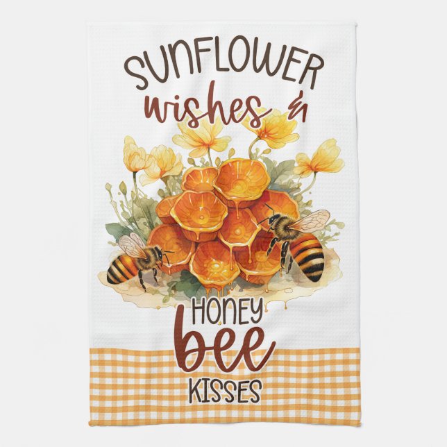 Sonnenblumen Blume Gingham Honey Bees Geschirrtuch (Vertikal)