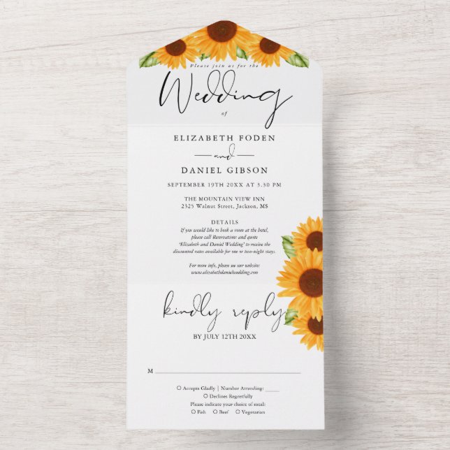 Sonnenblumen Blumen Elegante Script Hochzeit All In One Einladung (Innen Boden)