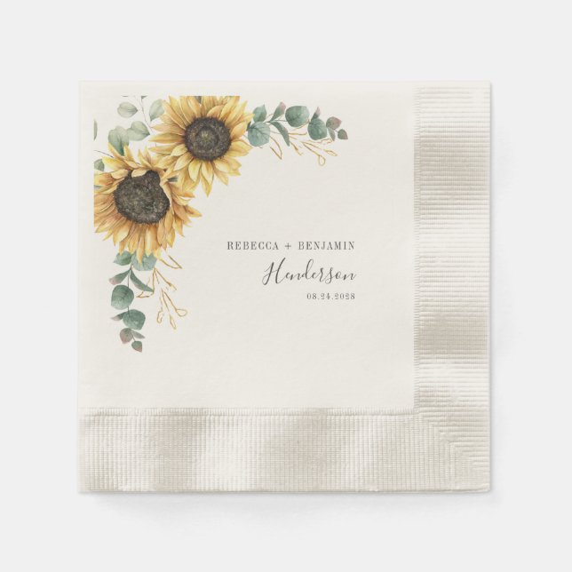Sonnenblumen-Blumen-Eukalyptus-Hochzeitspapier Serviette (Vorderseite)
